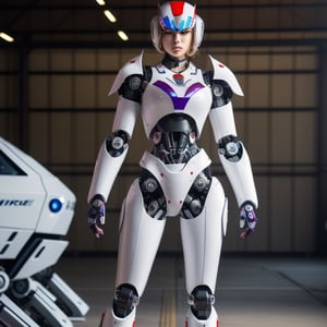 young Girl, racing decals, number and letters racing fonts decals on surface, Full Body shot, (perfect anatomy), (athletic body), (intricate geometric robotic white body armor, Deep Purple and Red accents), (looking at viewer), (medium shot photograph), photorealistic,mecha musume,mecha,Mecha