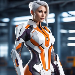 woman in her 20s, (perfect face), defined jawline, beautiful lips, (beautiful blue eyes), (white hair, ponytail), (perfect anatomy), (athletic body), (sexy), (perfect hands), (intricate geometric robotic white body armor, orange and gunmetal accents), (looking at viewer), (medium shot photograph), (futuristic industrial factory background), photorealistic  D.Va suit inspired, Overwatch videogame character, white purple suit, ((red) and (yellow) and (pantone 226) futuristic racing decals graphics))