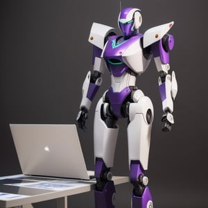 girl android, racing decals, number and letters racing fonts decals on surface, Full Body shot, (perfect anatomy), (athletic body), (intricate geometric robotic white body armor, Deep Purple and Red accents), (looking at viewer), (medium shot photograph), photorealistic,mecha musume,mecha,Mecha