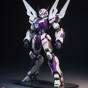 young Girl, racing decals, number and letters racing fonts decals on surface, Full Body shot, (perfect anatomy), (athletic body), (intricate geometric robotic white body armor, Deep Purple and Red accents), (looking at viewer), (medium shot photograph), photorealistic,mecha musume,mecha,Mecha