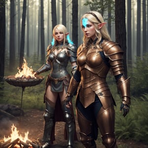 a beautiful white elf woman (blond hairm with epic armor), Full Body, in the elfic forest, petting a beautiful fire Fenix bird, realistic, realism, Third-Person, Artwork, Cinematic, Panorama, full-plane-view, whole-shot, full_body, lineage 2 style,steampunk style