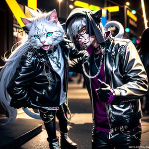 Masterpiece, Rocker CAT (male Pussycat, beautiful cat face, white persian cat, leather jacket, silver chains, biker),Looking at the viewer
,hardrock,glam rock style,hardrock style,front view, Neon style, 80s age style