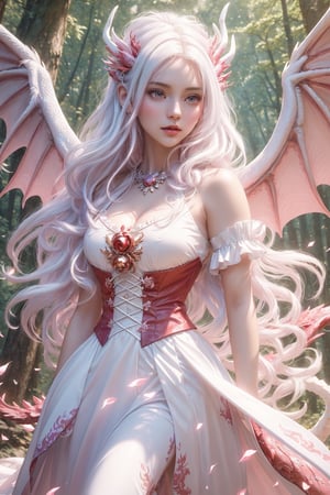 masterpiece, 1 girl, Extremely beautiful woman walking in the forest at night, glowing hair, long cascading hair, white hair, crimson dress with white skirt, dawn, full lips, hyperdetailed face, detailed eyes, dynamic pose, cinematic lighting, pastel colors, perfect hands, dragon girl, girl with dragon wings, dark fantasy