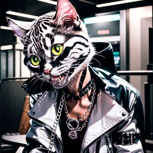 Masterpiece, Rocker CAT (Pussycat, beautiful cat face, white persian cat, leather jacket, silver chains),hardrock,glam rock style,hardrock style, Neon style, 80s age style