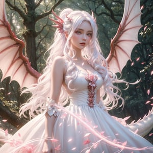 masterpiece, 1 girl, Extremely beautiful woman walking in the forest at night, glowing hair, long cascading hair, white hair, crimson dress with white skirt, dawn, full lips, hyperdetailed face, detailed eyes, dynamic pose, cinematic lighting, pastel colors, perfect hands, dragon girl, girl with dragon wings, dark fantasy