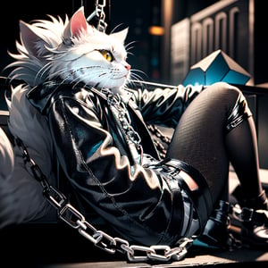 Masterpiece, Rocker CAT (Pussycat, beautiful cat face, white persian cat, leather jacket, silver chains),Looking at the viewer
,hardrock,glam rock style,hardrock style,front view, Neon style, 80s age style