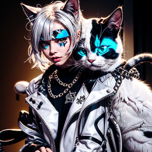 Masterpiece, Rocker CAT (Pussycat, beautiful cat face, white persian cat, leather jacket, silver chains),hardrock,glam rock style,hardrock style, Neon style, 80s age style