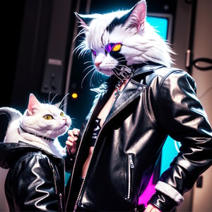 Masterpiece, Rocker CAT (male Pussycat, beautiful cat face, white persian cat, leather jacket, silver chains, biker),Looking at the viewer
,hardrock,glam rock style,hardrock style,front view, Neon style, 80s age style