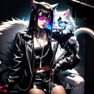 Masterpiece, Rocker CAT (Pussycat, beautiful cat face, white persian cat, leather jacket, silver chains),Looking at the viewer
,hardrock,glam rock style,hardrock style,front view, Neon style, 80s age style