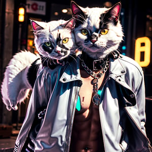 Masterpiece, Rocker CAT (Pussycat, beautiful cat face, white persian cat, leather jacket, silver chains),Looking at the viewer
,hardrock,glam rock style,hardrock style,front view, Neon style, 80s age style