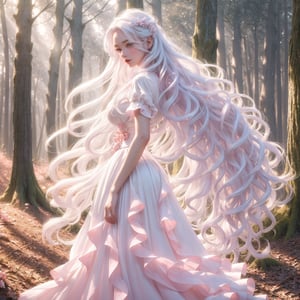 masterpiece, 1 girl, Extremely beautiful woman walking in the forest at night, glowing hair, long cascading hair, white hair, back view, full body, crimson dress with white skirt, dawn, full lips, hyperdetailed face, detailed eyes, dynamic pose, cinematic lighting, pastel colors, perfect hands, dark fantasy