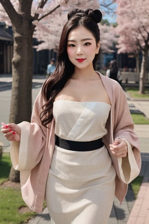 braied bun hair, looking at viewer, closed mouth, face2, 8k, high quality, masterpice,red kimino,  flower kimono, heavy makeup, hair ornament, cherry blossom background, long hair, sunny day, thigh strap, full clothes