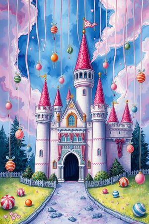 A candy castle, candy rain falling from the sky, 2d style, ink painting 