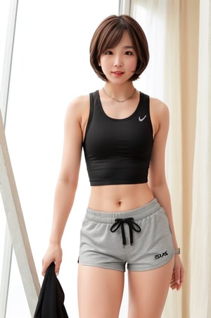 1girl, solo, standing, tank top, sport shorts, bobcut, 30 year olds