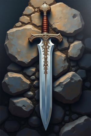 Photograph of a sword resting on a rocky surface, viewed from directly above. The blade's surface features intricate, sharp-etched patterns resembling a smith's work, with fine lines and details that seem to gleam in the ambient light. The sword's shape and form are prominent against the rugged rock, creating a striking visual contrast between the smooth metal and textured stone, oil painting 