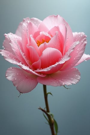 portrait of a transparent flower, water drop on petals, crazy detail, have the banner of advertise, adding text "the best flower shop" at the bottom of the picture