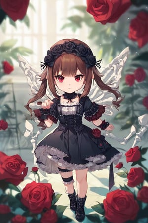 chibi style, hair_flaps, bangs, skeletal_wings, gothic_lolita , rose garden, arms at side, look at viewer, source_cartoon, source_anime, rating_safe, score_8, score_8_up, score_9_up, look at viewer, standing, thigh band