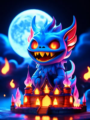 a demon, clay style, cute, fire element, castle, dark cloud, moon, casting a blue neon magic, open mouth, big tooth