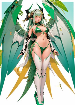 “best quality”, “masterpiece”, “illustration”, “1girl”, “solo”, “full body”, “mecha”, “machine”, “dragon ear”, “blank background”, wings of dragon, dragon tail, and “dragon horn”, green latex bikini, big boobs, camel pussy,