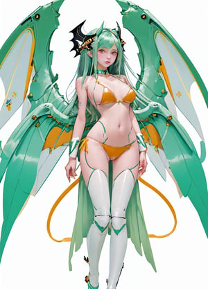 “best quality”, “masterpiece”, “illustration”, “1girl”, “solo”, “full body”, “mecha”, “machine”, “dragon ear”, “blank background”, wings of dragon, dragon tail, and “dragon horn”, green latex bikini, big tits, camel pussy, no panties, shaved pussy, sexy