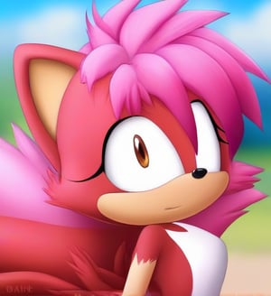 Female, mobian, tails, pink dyed hair , really long hair, hedgehog, red skin, cute, (((masterpiece))), digital art, detailed,
