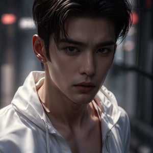 Masterpiece, Best Quality, (8k resolution), (ultra-detailed), perfection, 1boy, black hair, (white shirt, hoodie), undercut, muscle, Handsome Korean man,Height above 180cm,The face is clean and free of scum,Not short sideburns, Medium distribution type,cyberpunk style, middle of the street, Shibuya, scenery, cowboy shot, Look down from above, looking at viewer, intricately detailed.
