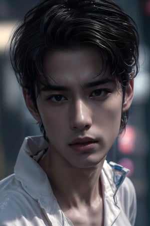 Masterpiece, Best Quality, (8k resolution), (ultra-detailed), perfection, 1boy, black hair, (white shirt, hoodie), undercut, muscle, Handsome Korean man,Height above 180cm,The face is clean and free of scum,Not short sideburns, Medium distribution type,cyberpunk style, middle of the street, Shibuya, scenery, cowboy shot, Look down from above, looking at viewer, intricately detailed.
