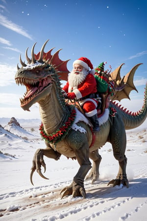 4k Quality, photograph Quality,masterpiece, curly , slim, visible ribs,masterpiece, 1santa claus, santa claus riding dinosaur at the desert, snowing desert, Ankylosaurus_Dinosaur, ,ral-chrcrts,reindeer_sleigh