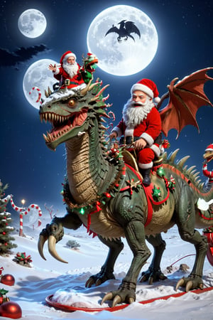 4k Quality, photograph Quality,masterpiece, curly , slim, visible ribs,masterpiece, 1santa claus, santa claus riding dinosaur at the desert, snowing desert, Ankylosaurus_Dinosaur, ,ral-chrcrts,reindeer_sleigh, night time, moon light, closeup view,  front view, 