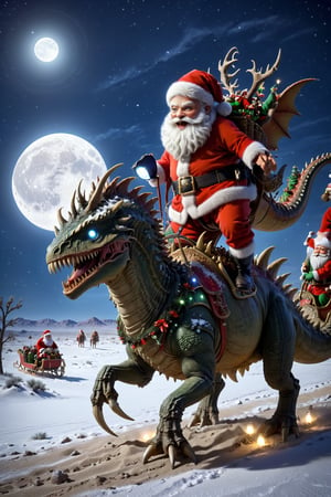 4k Quality, photograph Quality,masterpiece, curly , slim, visible ribs,masterpiece, 1santa claus, santa claus riding dinosaur at the desert, snowing desert, Ankylosaurus_Dinosaur, ,ral-chrcrts,reindeer_sleigh, night time, moon light, closeup view,  