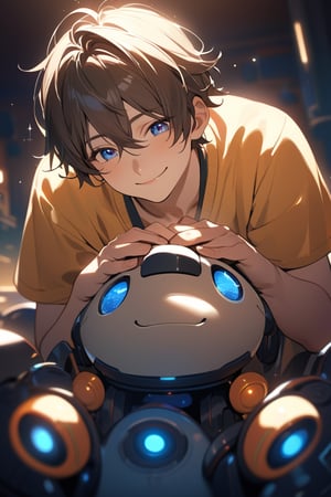 A warm and vibrant anime-style scene depicting a cheerful little boy with a bright smile, leaning against a small robot. The boy's eyes sparkle with delight as he gazes up at the robot, his hands grasping its arm for support. Soft lighting illuminates their friendship, set against a warm-toned background with subtle textures. (vibrant colors, masterpiece, sharp focus, best quality, depth of field, cinematic lighting, illustration, 8k CG, extremely detailed),