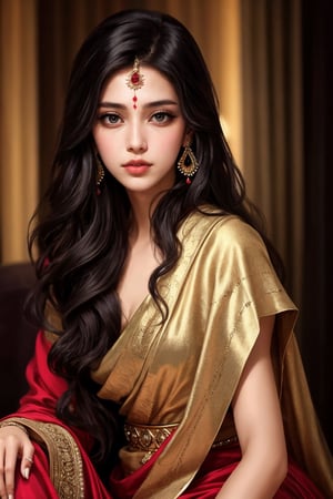 8K, (masterpiece), best quality, perfect antomy, mature women, long black hair, Elegant and intelligent, seductive eyes, indian art, sexy lips,