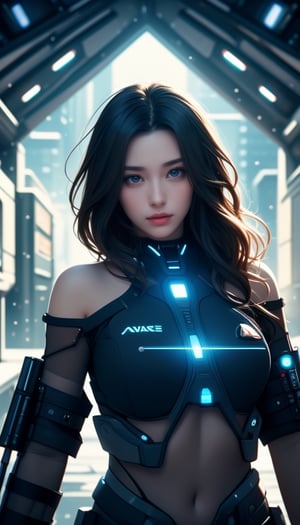 Special operation agent,  futuristic tactical black suite,  extra detailed,  detailed anatomy,  detailed face,  detailed eyes,  1 italian girl,  brown  long brown wavy hair,  her hair wave in the wind,  off shoulder,  snow blizzard,  strong wind,  planet expedition, looking at viewer,  half body,  (various futuristic tactical weapons),  happy,  friendly,  flirty, (futuristic high details rifle, advance scifi rifle:1.5), random pose, (look at viewer, seductive eyes:1.3),Futuristic room,<lora:659111690174031528:1.0>