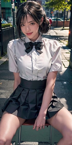 Best Quality, 8K, ultra-detailed, Masterpiece: 1.3), 1girl, solo, kawaii, pleated skirt, black skirt, smiling, looking at viewer, smile, long hair, park, bow tie, (black hair:1.3), halo, long white shirt, side updo hairstyle, colorful_girl_v2, , windlift, skirt, standing, underwear, panties, from below, exposed pussy, visible labia, vagina, sitface, ,