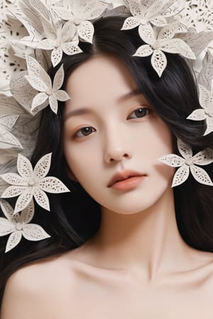 Stacked Papercut Art showcasing a Dreamy naked Girl: Deep layers of cut paper, naked girl surrounded by intricate design, 17 yo european girl, Detailed black hair, photorealistic face, big detailed eyes, photorealistic body,  fully naked, detailed nipple, naked breast, small head, half body, 