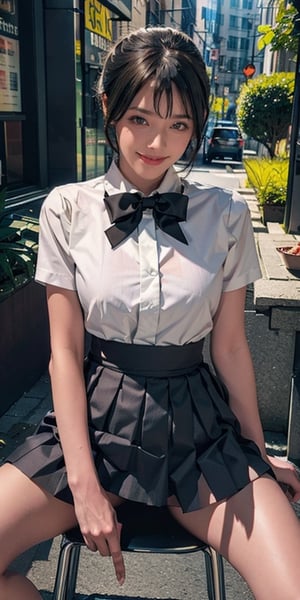 Best Quality, 8K, ultra-detailed, Masterpiece: 1.3), 1girl, solo, kawaii, pleated skirt, black skirt, smiling, looking at viewer, smile, long hair, park, bow tie, (black hair:1.3), halo, long white shirt, side updo hairstyle, colorful_girl_v2, , windlift, skirt, standing, underwear, panties, from below, exposed pussy, visible labia, vagina, sitface, ,