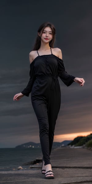 girl, Black dress, gray eyes, medium wavy hair, medium chest, Black hair, against the night sky, summer night, portrait, serenity, innocence, dreaminess, dark exposure, bright colors,dark tones, Clouds,full body, smiling,, 