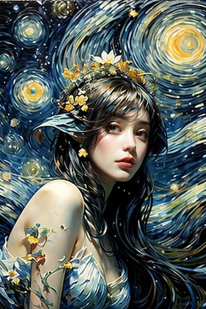 The dreamy portrait of a beautiful girl, centered, perfectly composed, blends Van Gogh's blue "Starry Night" colors, Dali's surrealism, and Mucha's Art Nouveau style to present a harmonious dream where reality and fantasy are blurred.,Flower s wedding, Full Fantasy Flower,fangao, nsfw, 