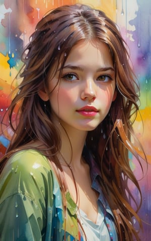 1girl, solo, long hair, looking at viewer, brown hair, closed mouth, upper body, mole, lips, colorful abstract paint on the wall behind her. water color, rain by Daniel Gerhartz