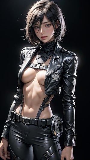{{{masterpiece}}}, {{{best quality}}}, {{{ultra-detailed}}}, {cinematic lighting}, {illustration}, 1girl, hmmikasa, mikasa, short hair, black eyes, open jacket, sexy small breasts, nice hands, smart suit, professional, 3DMM, bilateral symmetry, nice hands, facing camera, black background, hmmikasa, 