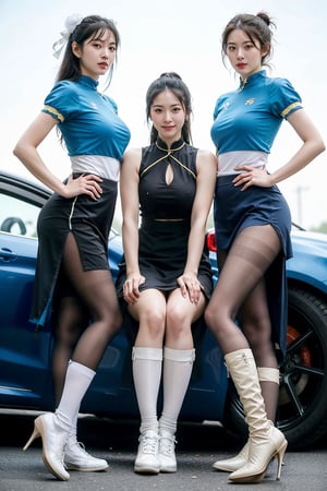 centered,eye contact,Detailedface, (group photo, 3 girls:1.3), standing, posing, hands on waist, photography, in a car garage, sport car background,beautiful woman, female korean, cosplay, chun-li costume, full body, smooth hands, big smiles, black pantyhose, white shoes, Extremely Realistic, chun li