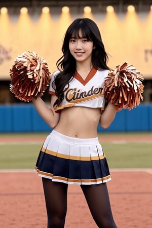 centered,eye contact, Detailedface, pose, black hair with bangs, look at viewer, bright smile, clearly brown eyes, longfade eyebrow, soft make up, ombre lips, hourglass body, medium breast, (cheerleader theme:1.5), finger detailed, background detailed,ambient lighting, extreme detailed, full body shot, realistic ilustration, (soothing tones:1.3), (hyperdetailed:1.2), girl1-den, black pantyhose,black_footwear