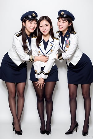 centered,eye contact,Detailedface, (group photo, multiple girls:1.3), standing, posing, hands on waist, photography, chromatic_background, photo booth studio, beautiful woman, female korean, female navy officer, navy military uniform, garrison cap, full body, smooth hands, big smiles, pantyhose, different hairstyles, Extremely Realistic, shoes