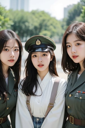 centered,eye contact, (group photo, 3 girls:1.3), standing, photography, chromatic_background,beautiful woman, female korean, soldier, green military uniform, military hat, cowboy shot, big smiles