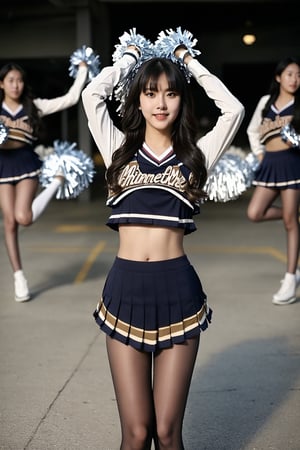centered,eye contact, Detailedface, (3 girls:1.3) pose, black hair with bangs, look at viewer, bright smile, clearly brown eyes, longfade eyebrow, soft make up, ombre lips, hourglass body, medium breast, (cheerleader theme:1.5), finger detailed, background detailed,ambient lighting, extreme detailed, full body shot, realistic ilustration, (soothing tones:1.3), (hyperdetailed:1.2), girl1-den, black pantyhose,black_footwear
