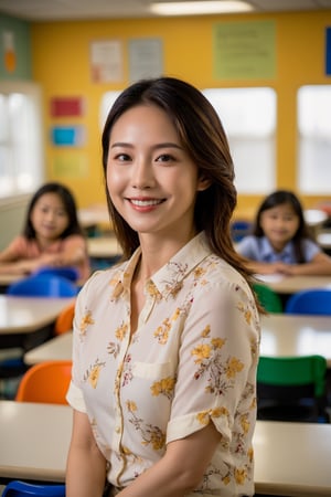 xxmix_girl, 1girl, Realistic photo of an Asian female teacher, with a genuine and heartfelt smile, profile-oriented, in a colorful classroom environment featuring student artworks and projects, room atmosphere is cheerful and welcoming, emanating gratitude and satisfaction, captured in the golden hour for the most flattering and natural lighting, using a Sony Alpha 7R III with a 35mm lens at f/2.5 aperture, ISO set at 160 for balanced lighting.