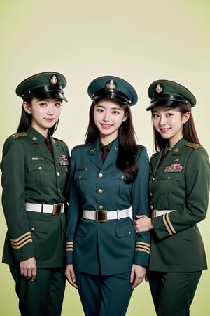 centered,eye contact, (group photo, 3 girls:1.3), standing, photography, chromatic_background,beautiful woman, female korean, soldier, green military uniform, military hat, cowboy shot, big smiles