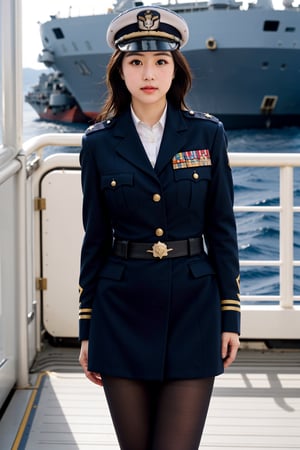 xxmix_girl, 1girl, female officer, (cowboy shot:1.2), on a navy ship, cool color temperature,  captured using a 50mm lens, natural lighting, gentle shadows cast,Extremely Realistic ,navy uniform, garrison_cap,black pantyhose,black boots,medals, 