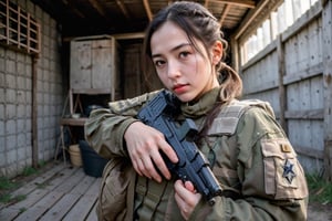 xxmix_girl, 1girl, Realistic Candid Photo of a female japanese soldier patrolling, (cowboy shot:1.2),outside of an abadoned shed, rotting walls, protecting a VIP in the shed, dirt on her face, warm color temperature,  captured using a 50mm lens, balance between subject and surroundings, natural lighting, gentle shadows cast,Extremely Realistic, full_gear_soldier, full gear, soldier, ,aiming at viewer, rifle, pony_tail