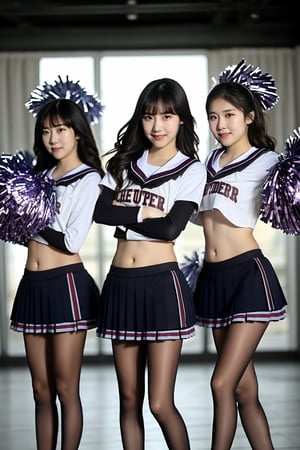 centered,eye contact, Detailedface, (3 girls:1.3) pose, black hair with bangs, look at viewer, bright smile, clearly brown eyes, longfade eyebrow, soft make up, ombre lips, hourglass body, medium breast, (cheerleader theme:1.5), finger detailed, background detailed,ambient lighting, extreme detailed, full body shot, realistic ilustration, (soothing tones:1.3), (hyperdetailed:1.2), girl1-den, black pantyhose,black_footwear